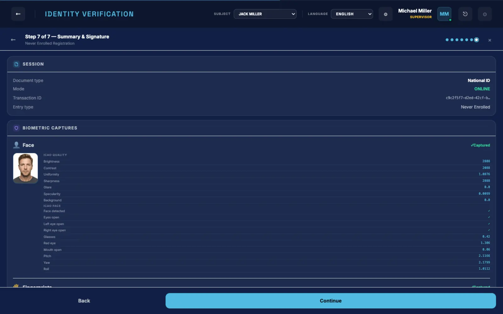 BioEnrol review screen with identity evidence, biometrics and citizen signature