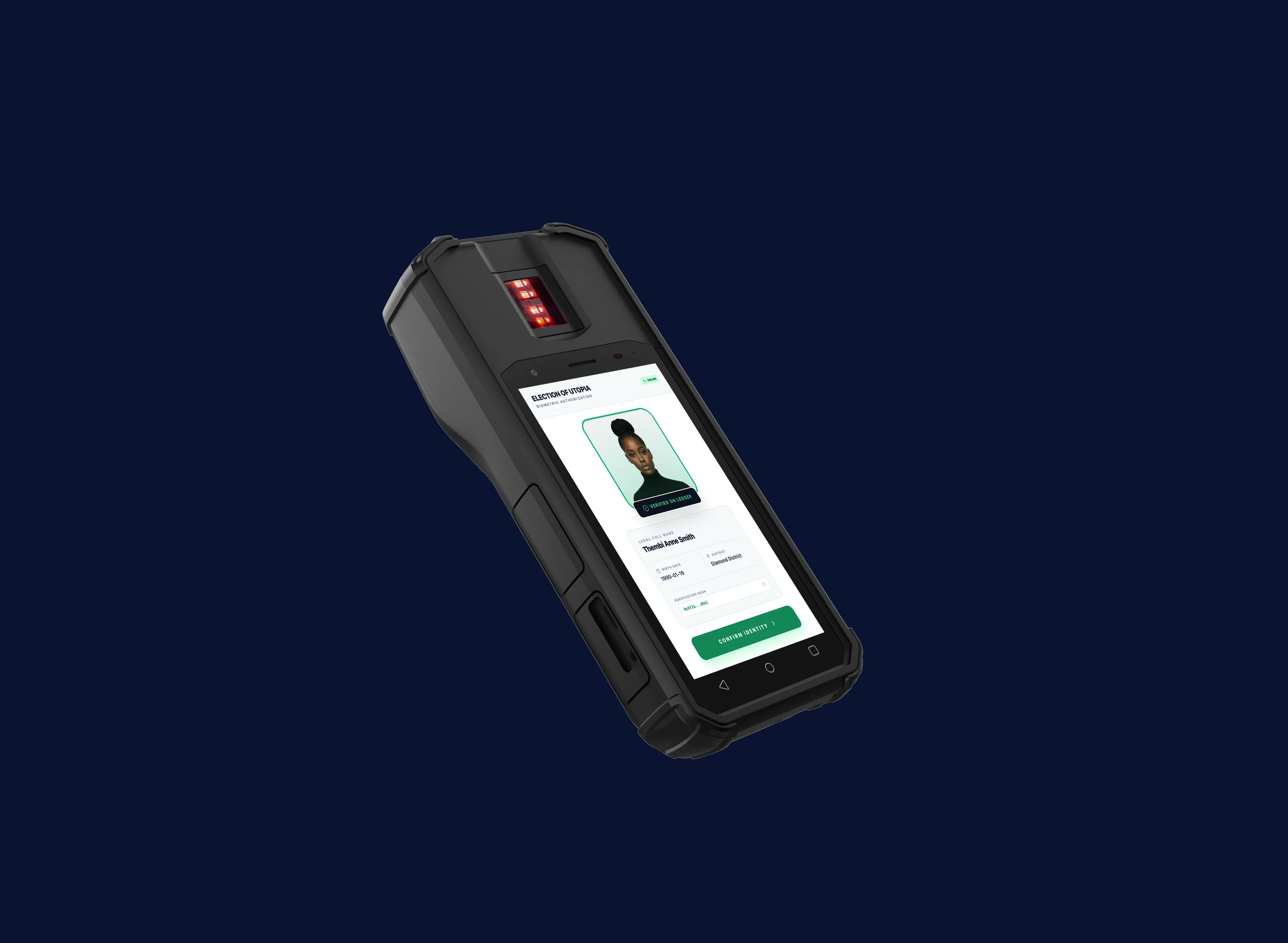 Axon handheld device showing a biometric voter authorisation screen with a fingerprint sensor