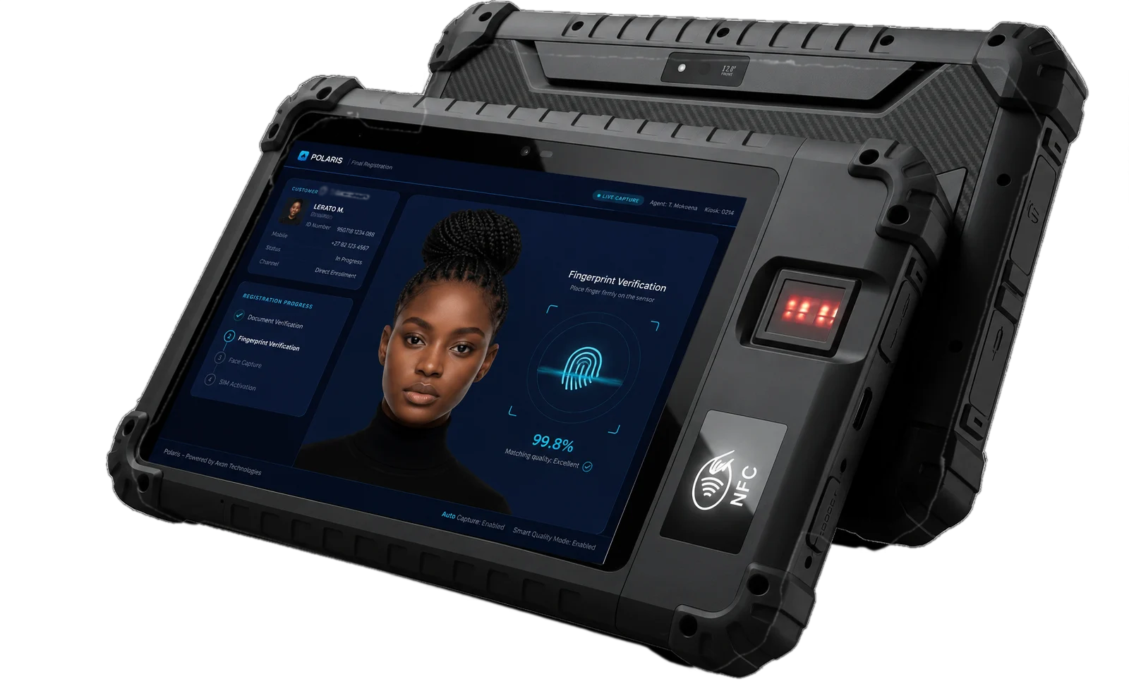 Axon tablet showing a live fingerprint verification screen with a matching quality score