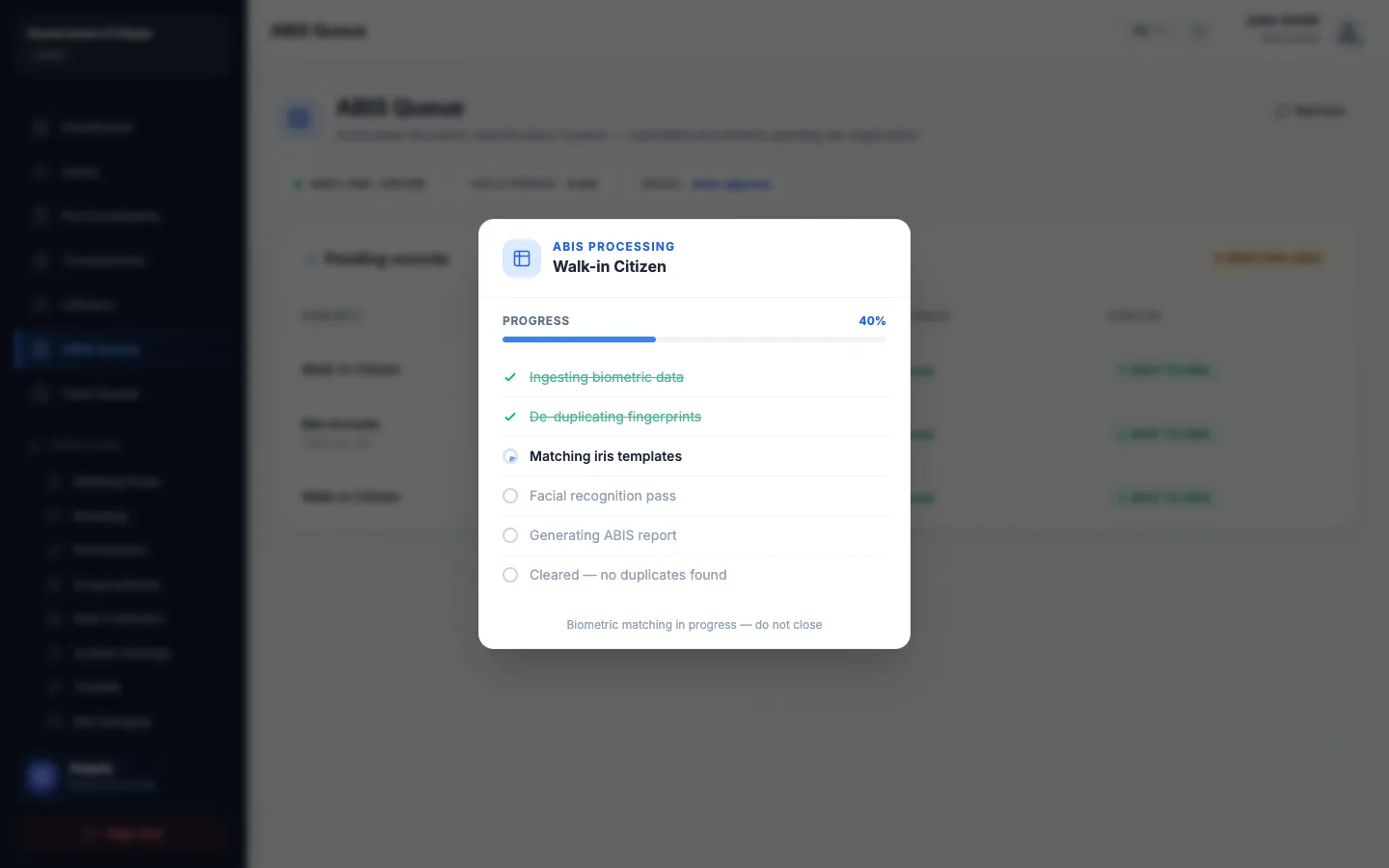 Civil ABIS processing and biometric duplicate review