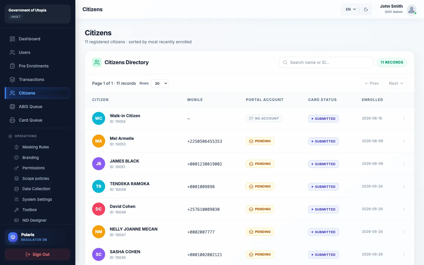 Polaris Citizens Directory for the national identity programme