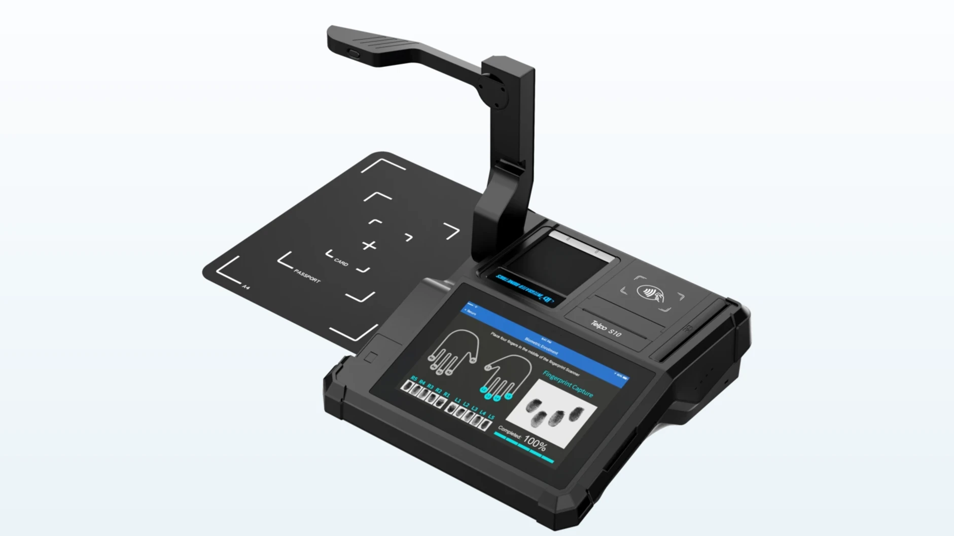 Axon contact fingerprint capture device with document bed and biometric scanner