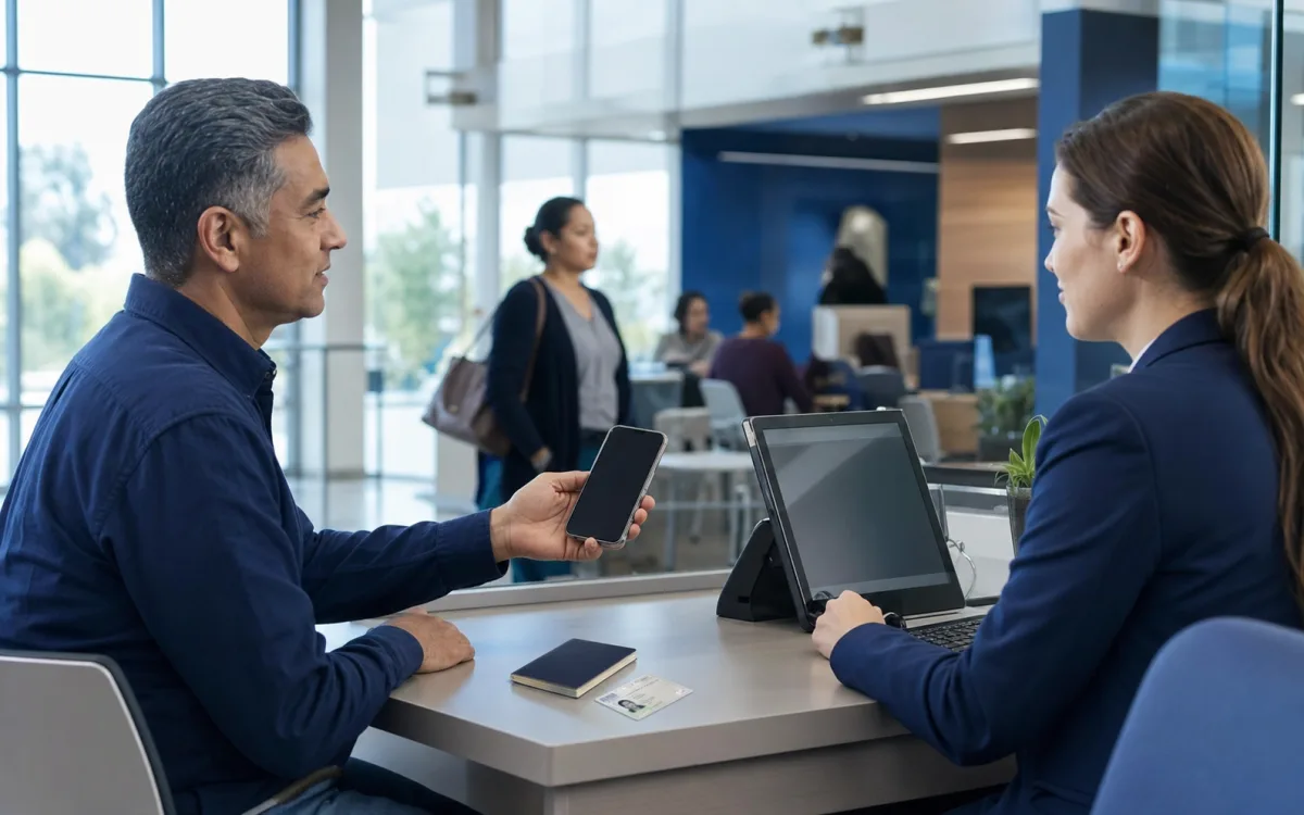Citizen presenting a digital identity credential at a public service counter
