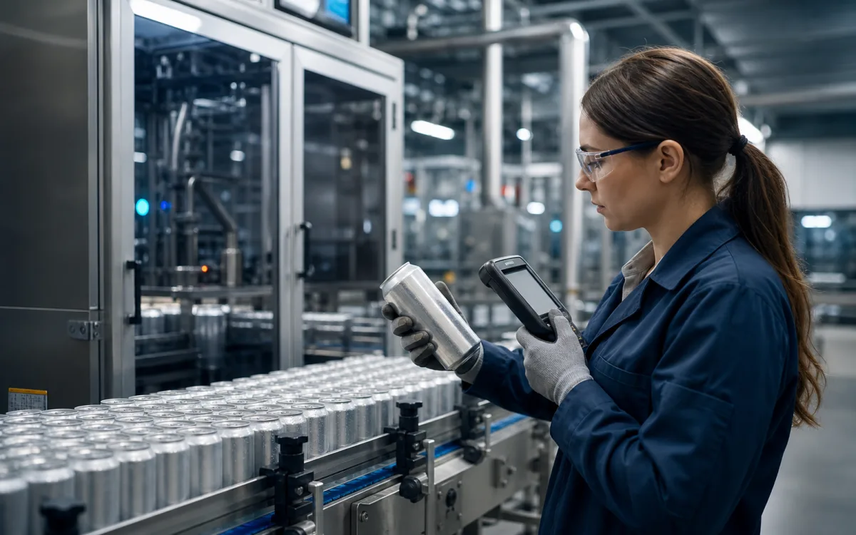 Factory quality specialist scanning a serialized product on a production line