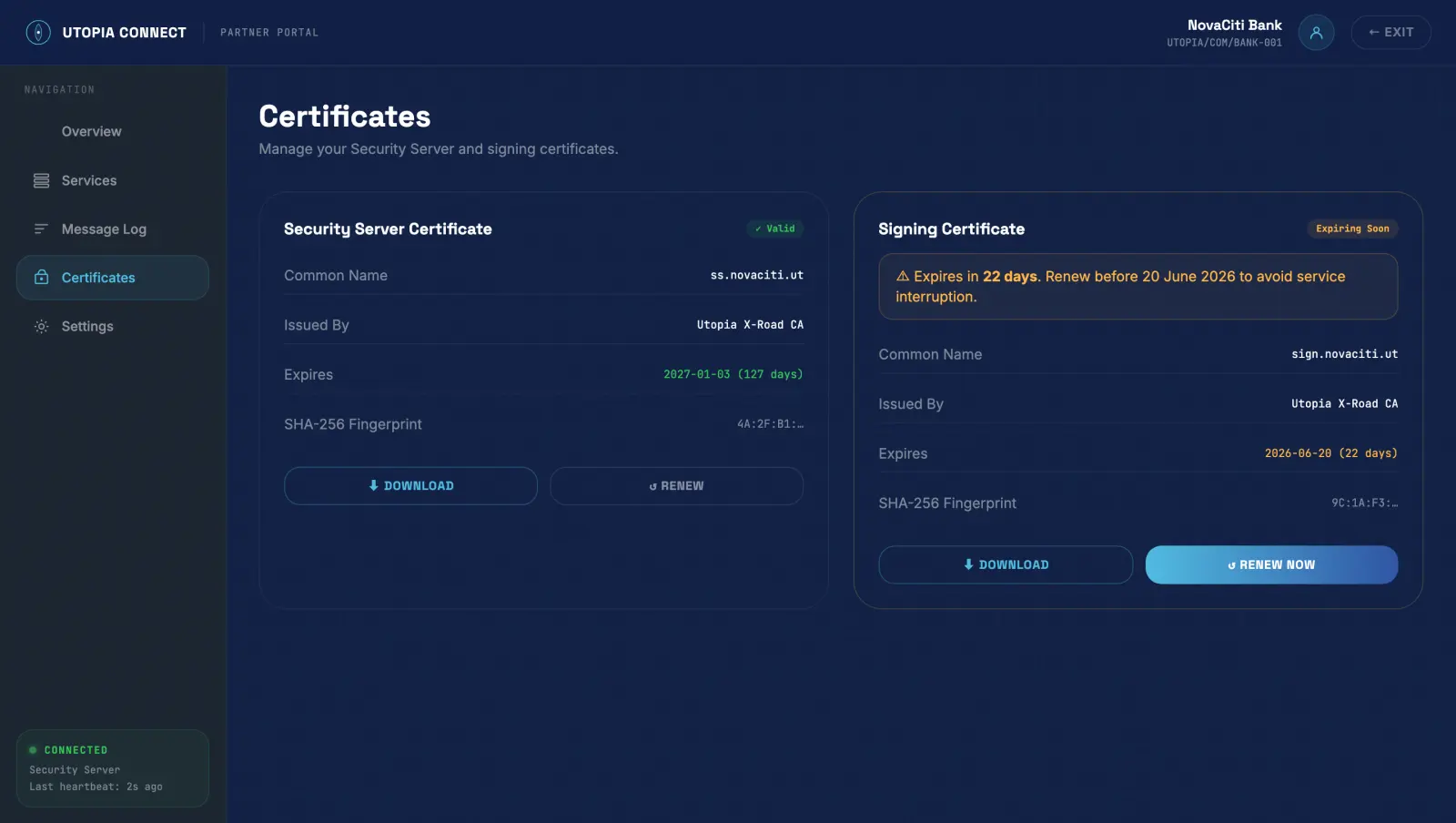X-Bridge partner portal certificate status and renewal screen